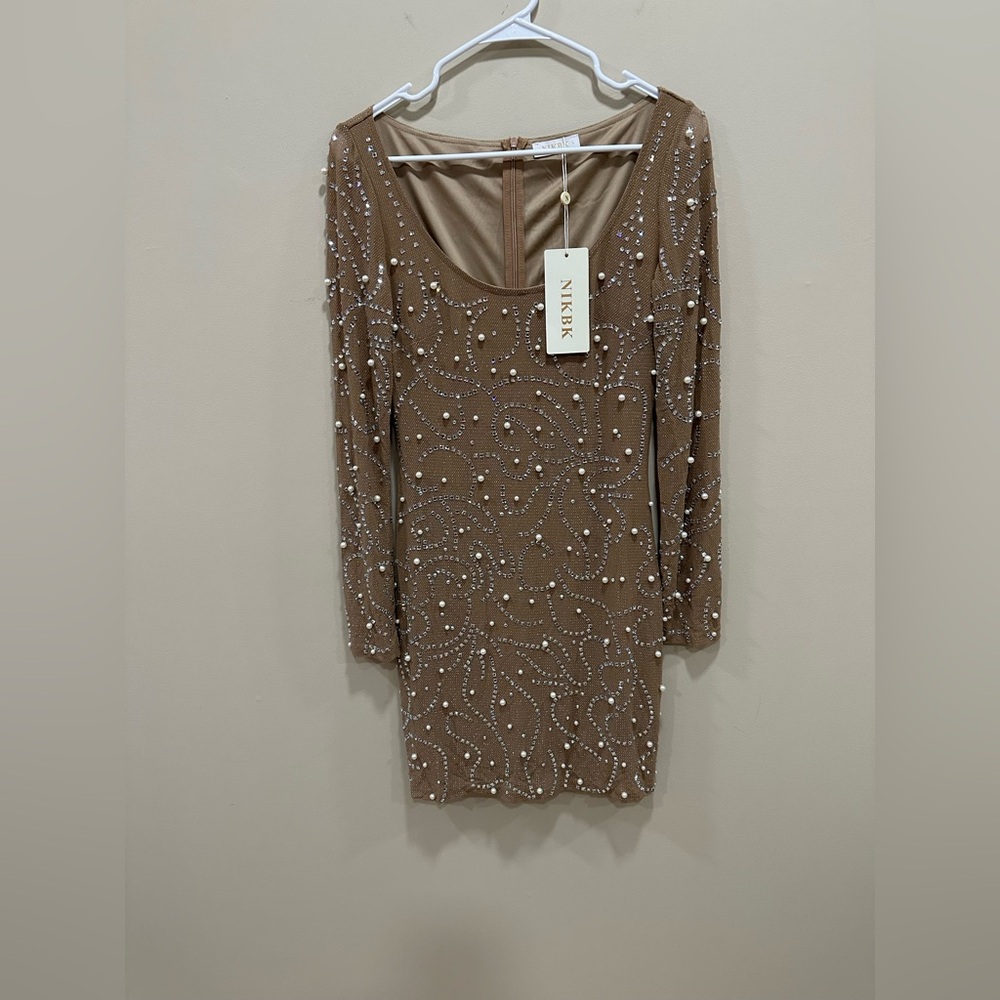 Women’s Embellished Mini Dress Long Sleeve Scoop Neck Bodycon Brown Size L